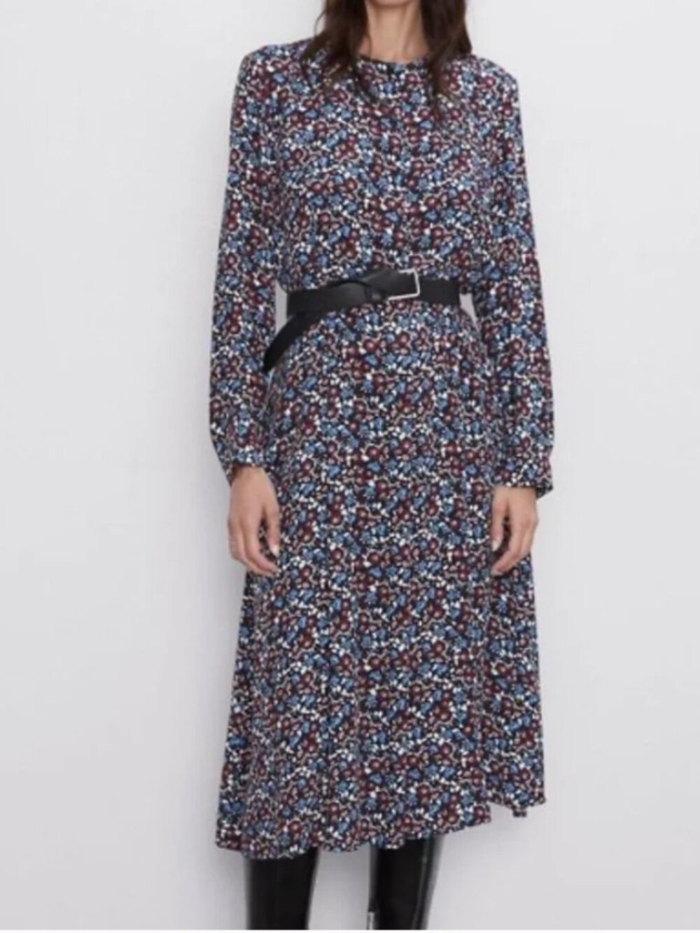 Zara Burgundy Blue Floral Midi Dress Size M